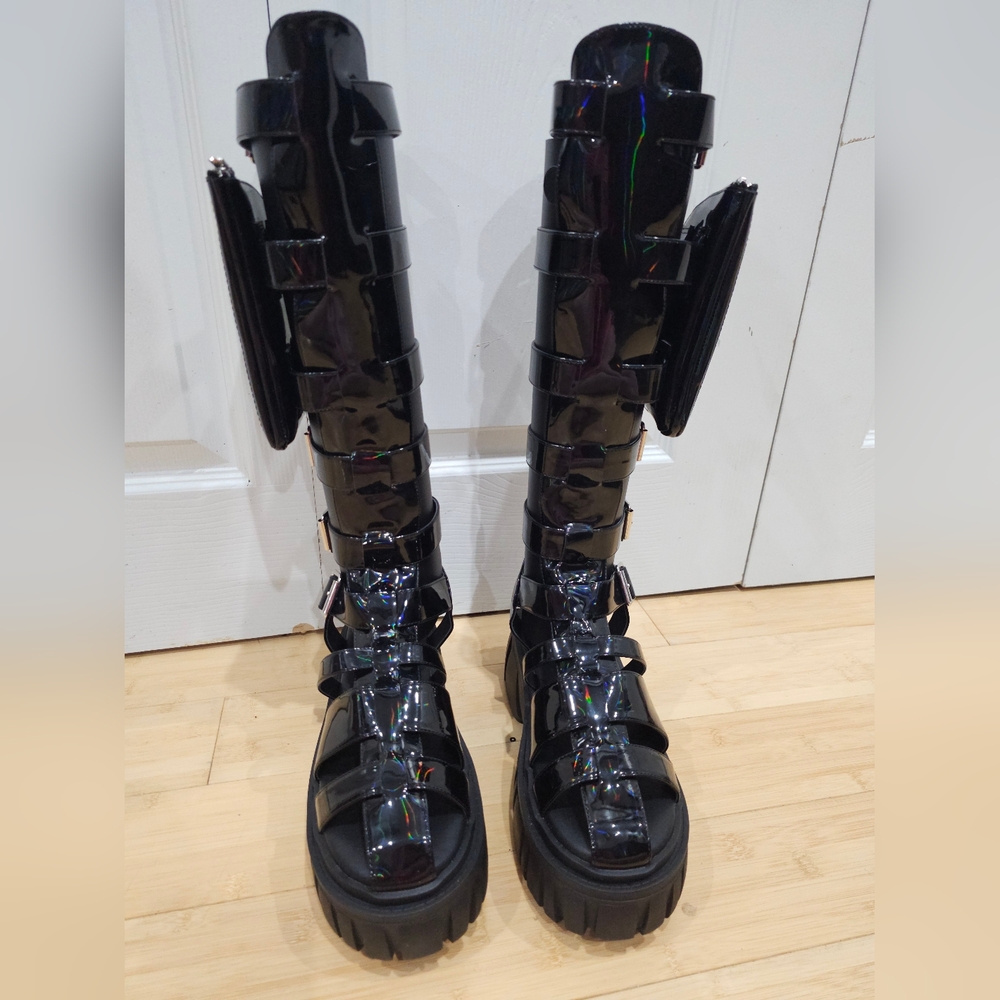 Holographic Oil slick black Rave Club Exx Stage Diver Gladiator Sandals Shoes 9 - Picture 9 of 16